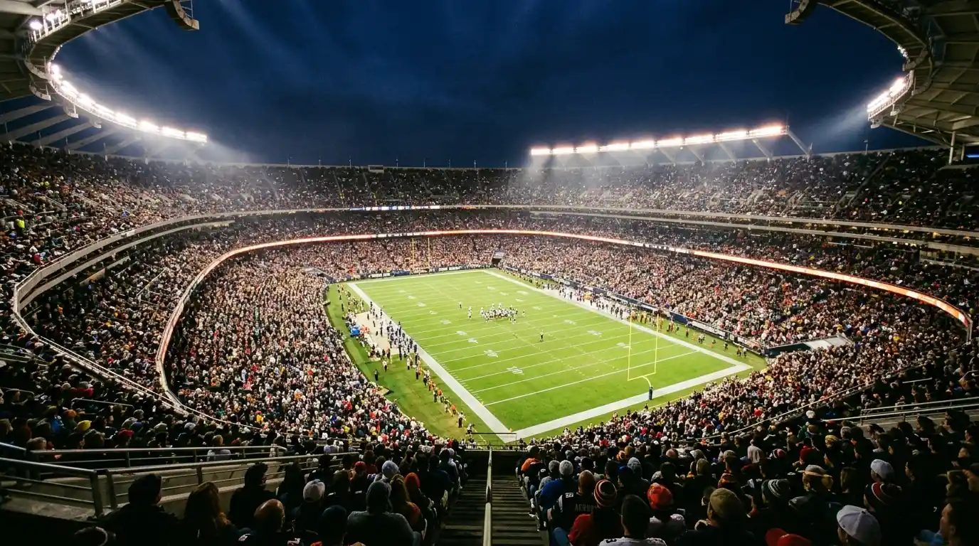 Verlicht NFL-stadion vanaf de bovenste tribunes tijdens de Super Bowl-avond met volle tribunes